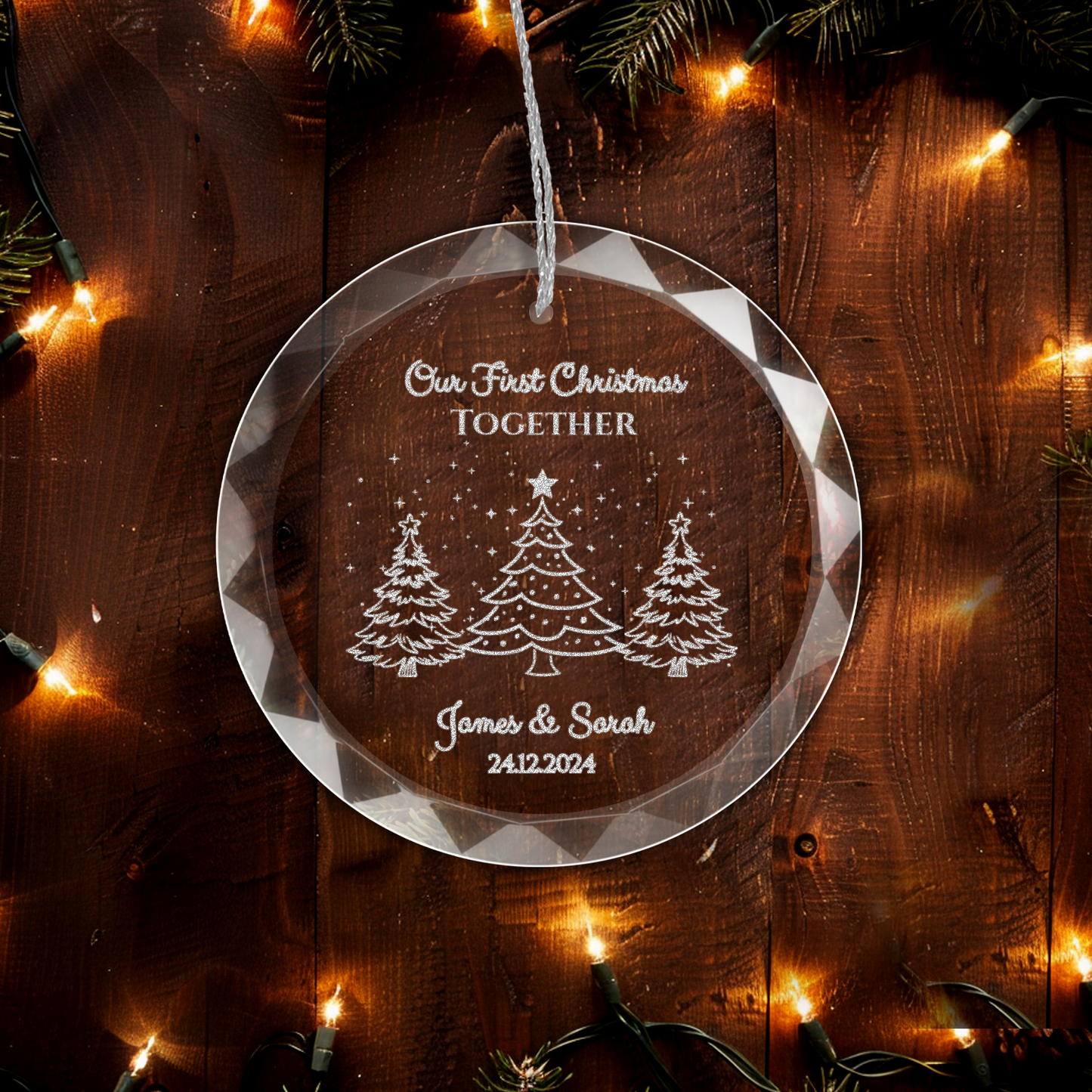 Classic Elegance Round Glass Engraved Premium Our First Christmas Married/Engaged Ornament