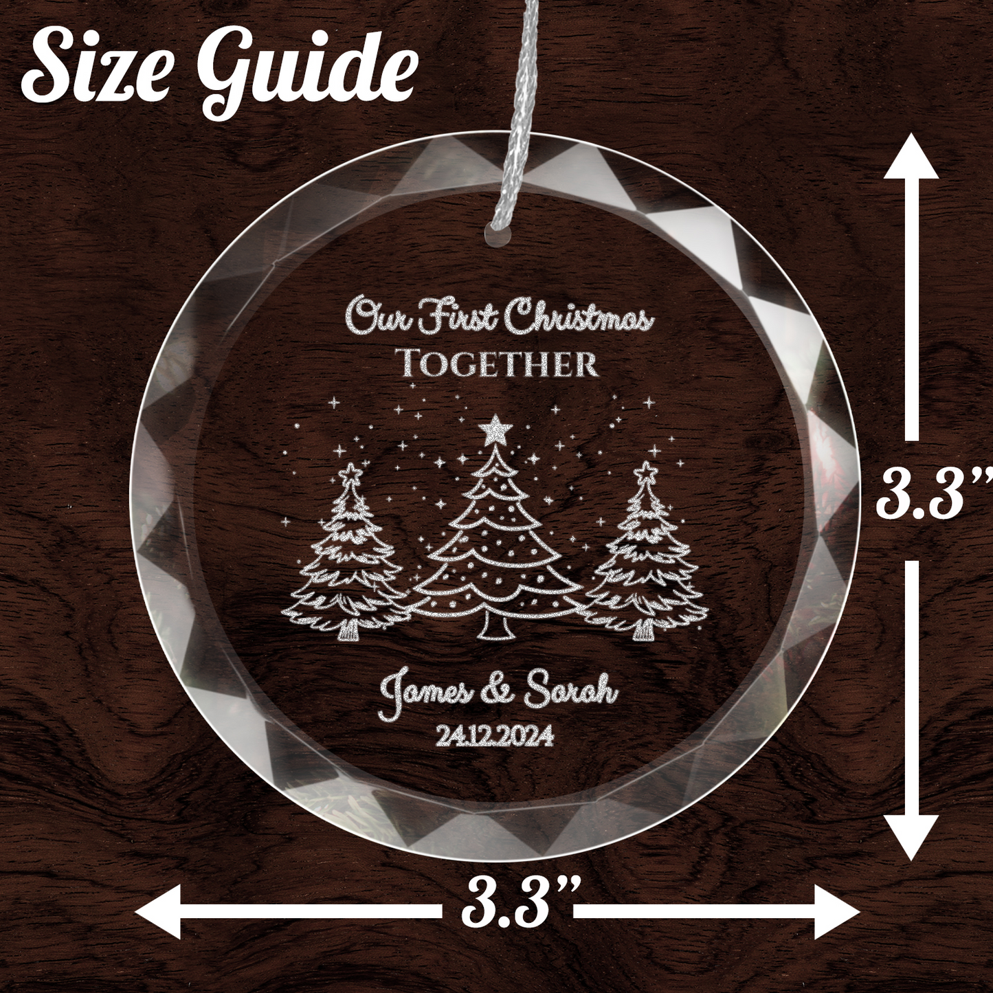 Classic Elegance Round Glass Engraved Premium Our First Christmas Married/Engaged Ornament