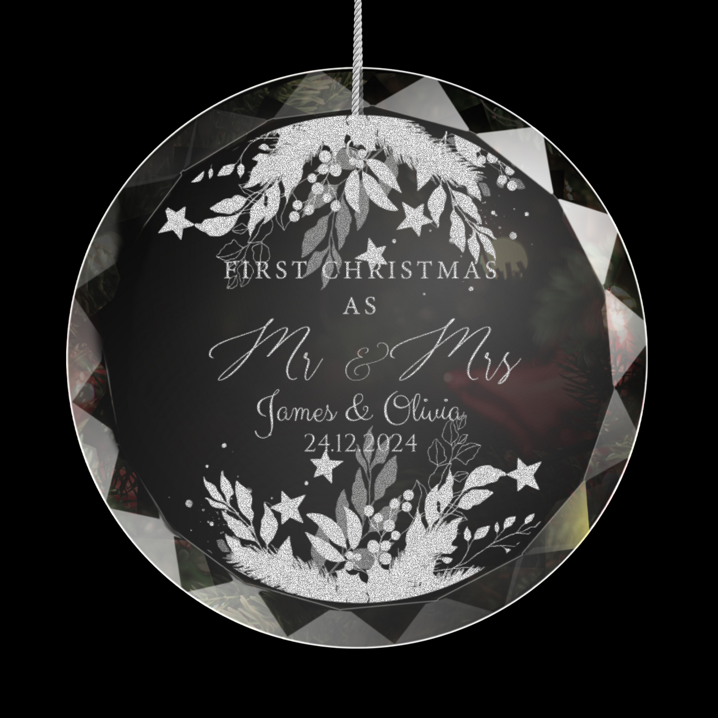 Classic Elegance Round Glass Engraved Premium Our First Christmas Married/Engaged Ornament