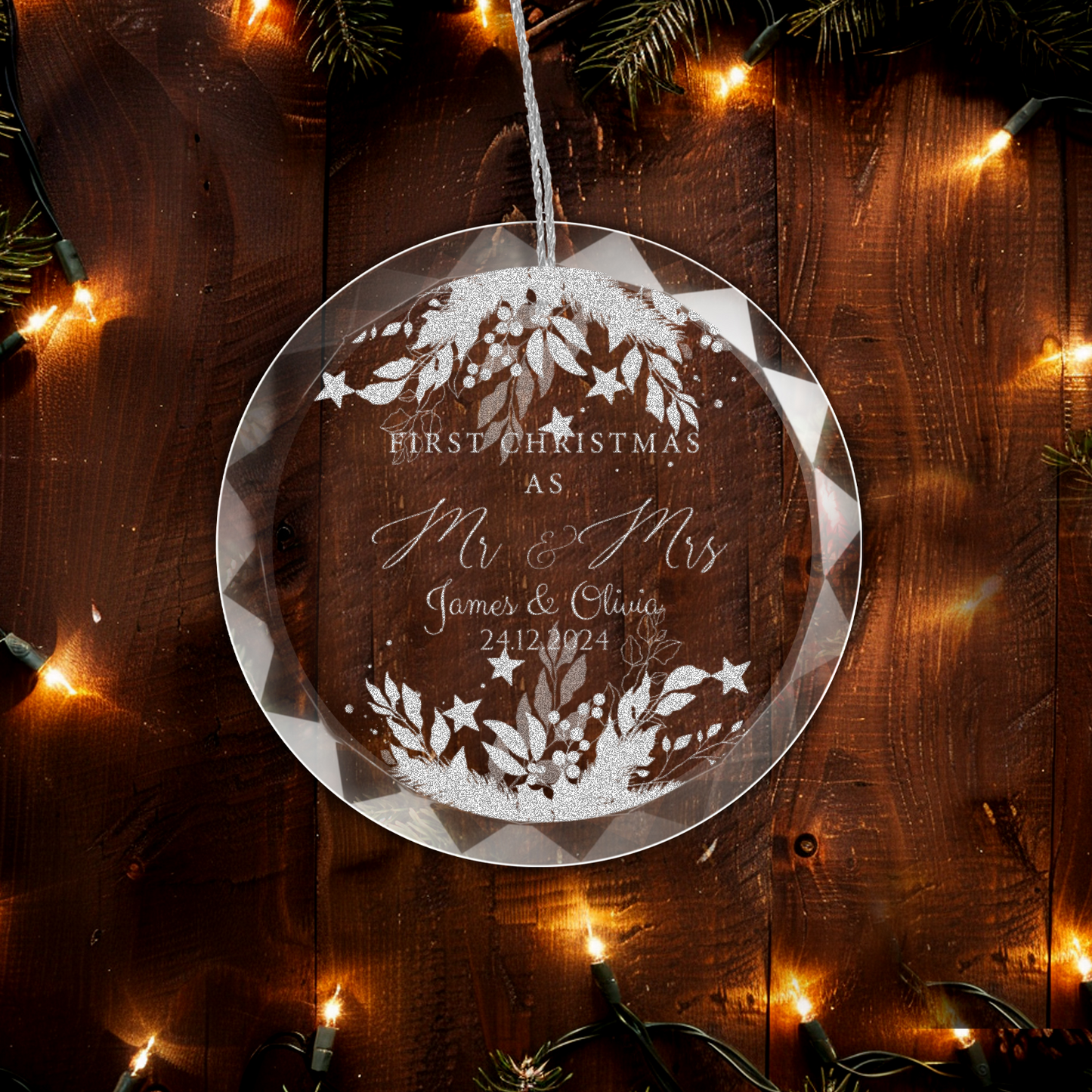 Classic Elegance Round Glass Engraved Premium Our First Christmas Married/Engaged Ornament