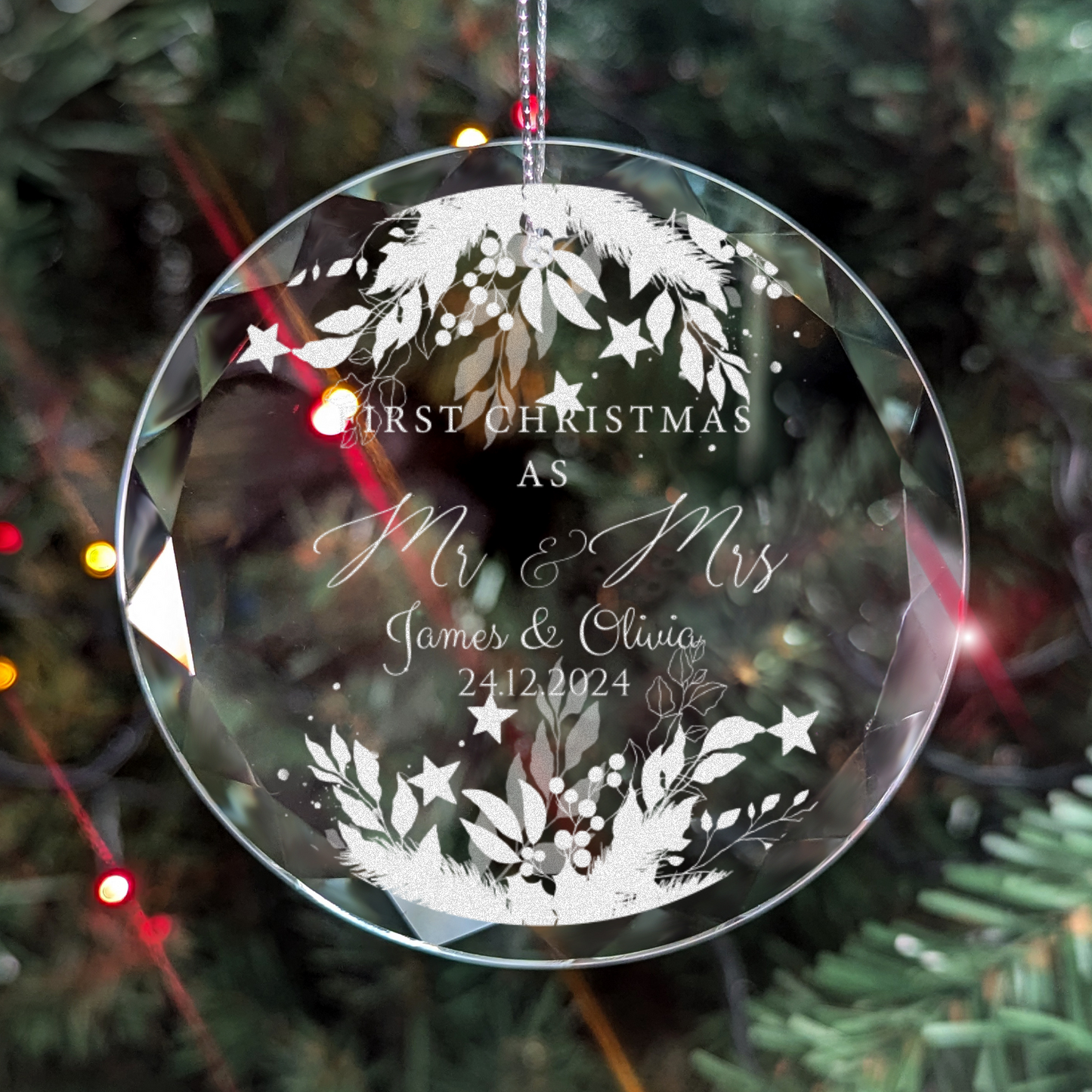 Classic Elegance Round Glass Engraved Premium Our First Christmas Married/Engaged Ornament