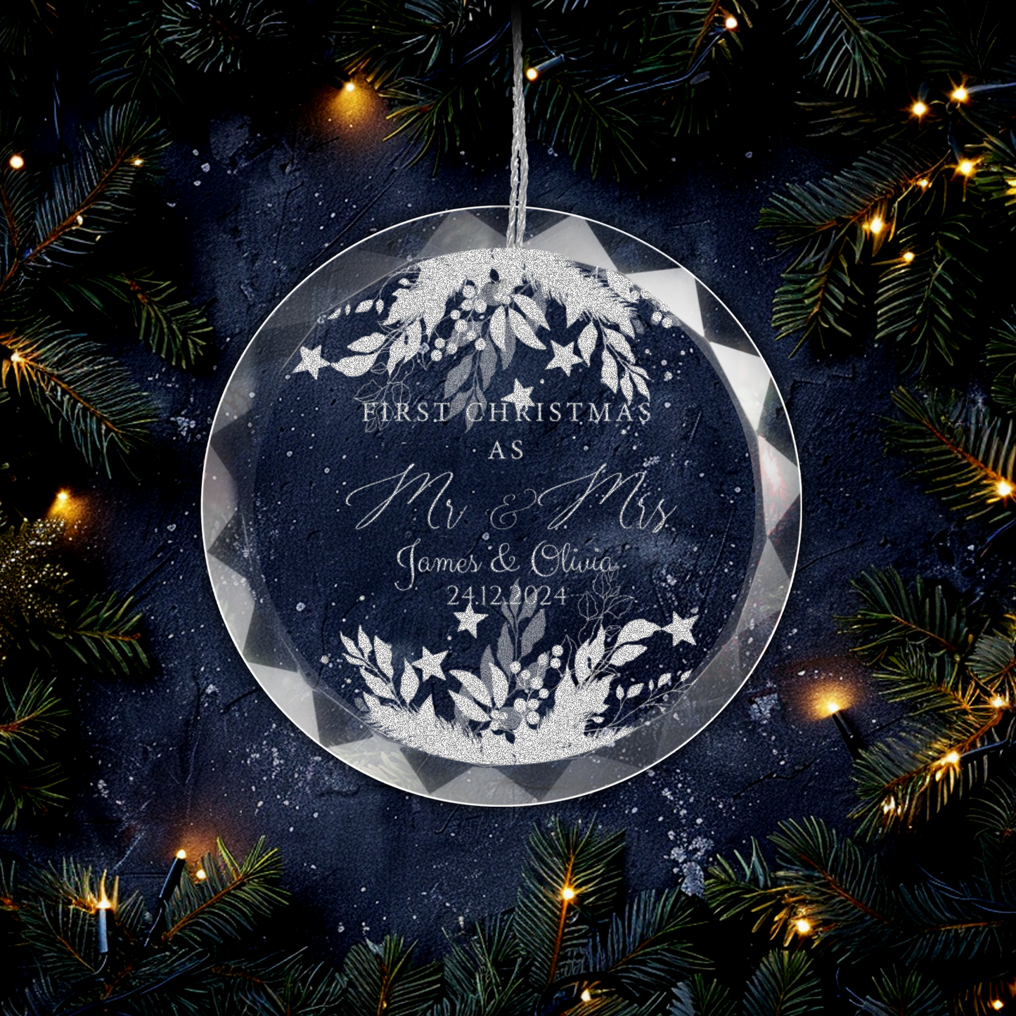 Classic Elegance Round Glass Engraved Premium Our First Christmas Married/Engaged Ornament