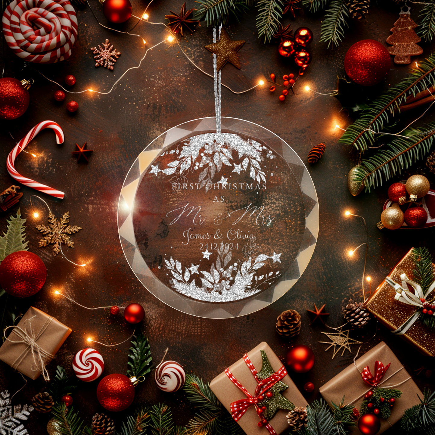 Classic Elegance Round Glass Engraved Premium Our First Christmas Married/Engaged Ornament