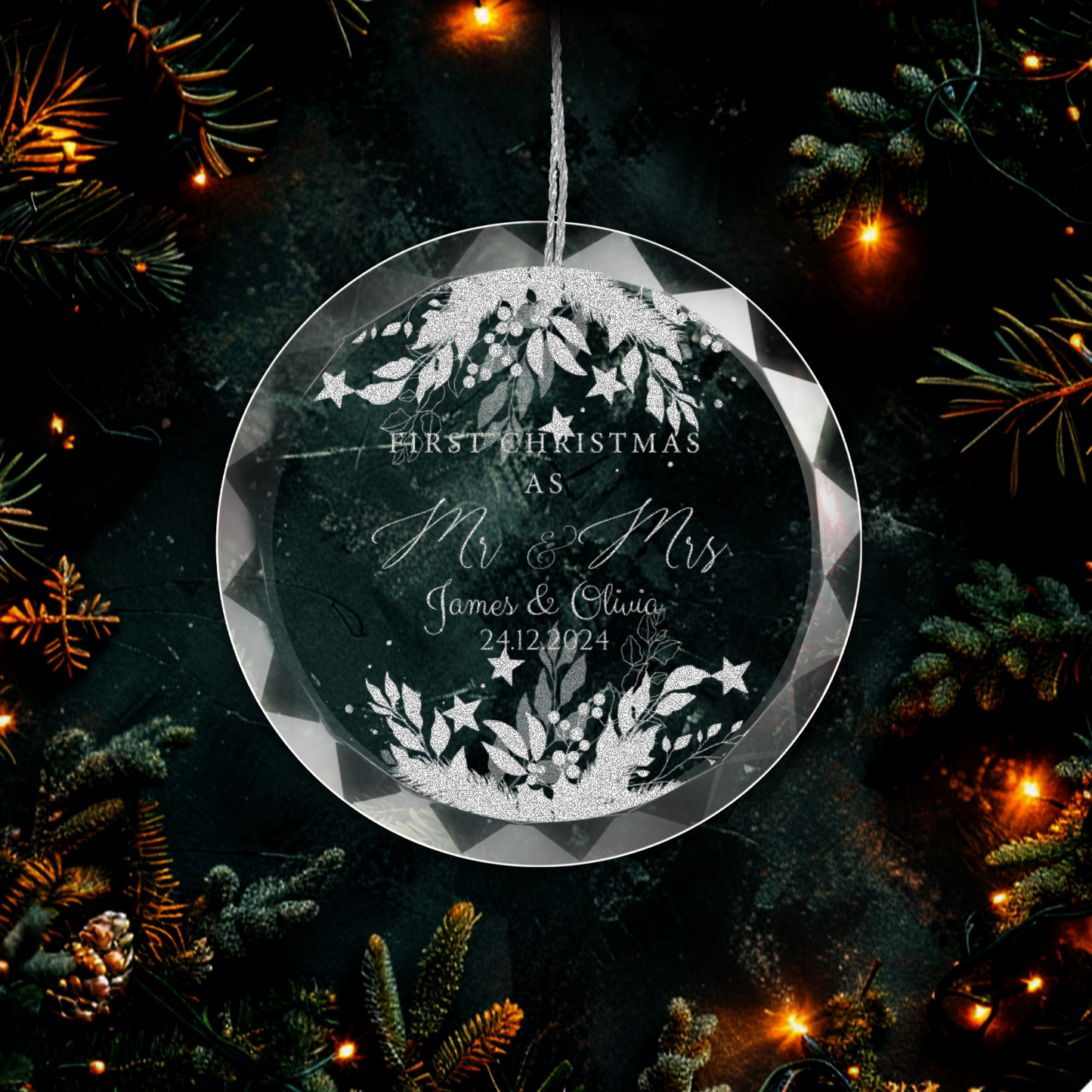 Classic Elegance Round Glass Engraved Premium Our First Christmas Married/Engaged Ornament