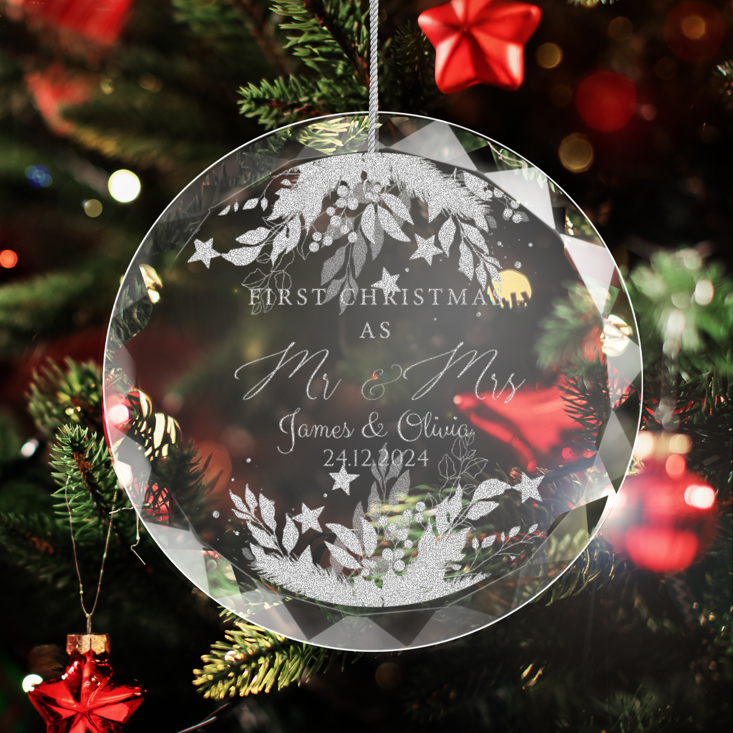 Classic Elegance Round Glass Engraved Premium Our First Christmas Married/Engaged Ornament