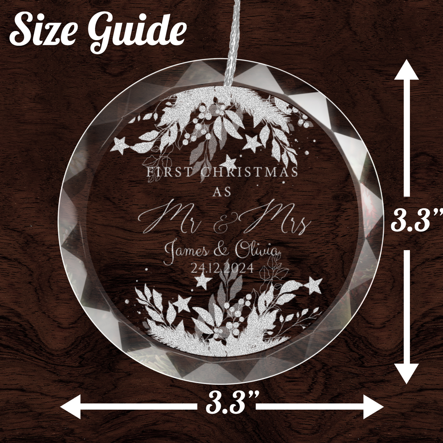 Classic Elegance Round Glass Engraved Premium Our First Christmas Married/Engaged Ornament