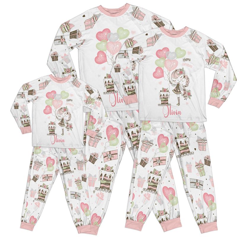 Personalised Whimsical Girl Happy Birthday Pink Kid Pajamas Set Matching