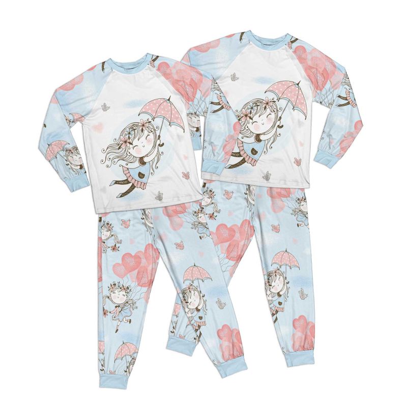 Whimsical Flying Girl with Umbrella Kid Pajamas Set Matching