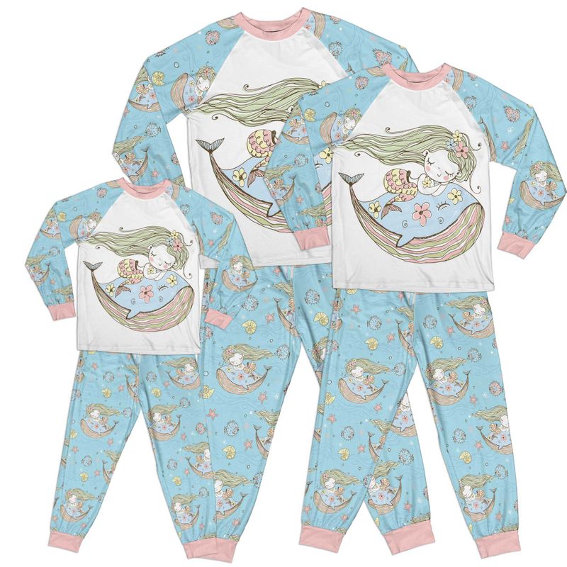 Whimsical Mystical Girl Whale Blue Kid Pajamas Set Matching