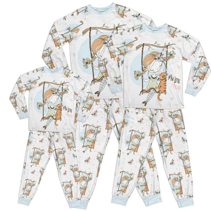 Whimsical Girl and Cat on Swing Blue Adult Pajamas Set Matching