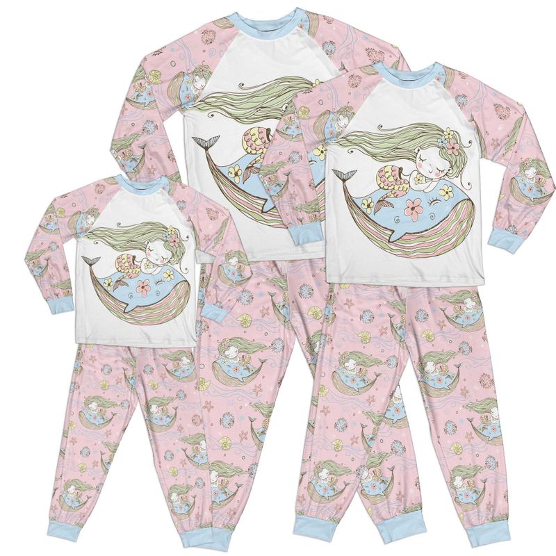 Whimsical Mystical Girl Whale Pink Adult Pajamas Set Matching