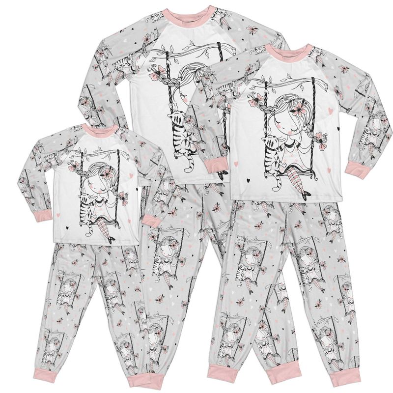 Whimsical Girl and Cat on Swing Grey Kid Pajamas Set Matching