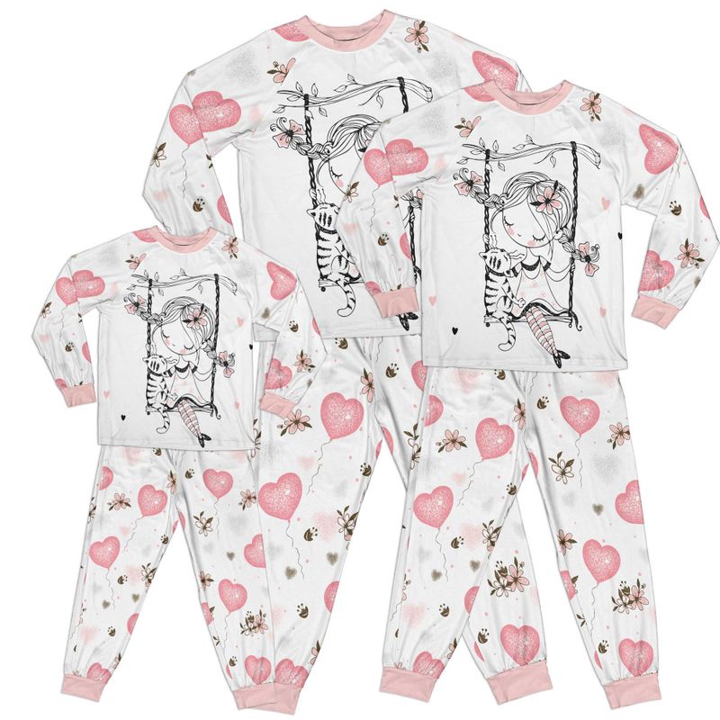 Whimsical Girl and Cat on Swing Adult Pajamas Set Matching