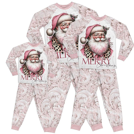 Pink Christmas Damask Santa Adult Pajamas Set Matching