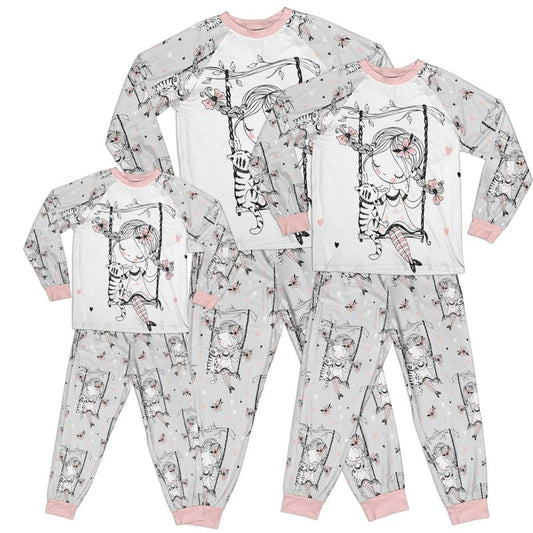 Whimsical Girl and Cat on Swing Grey Kid Pajamas Set Matching