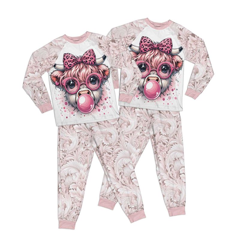 Pink Damask Highland Cow Adult Pajamas Set Matching