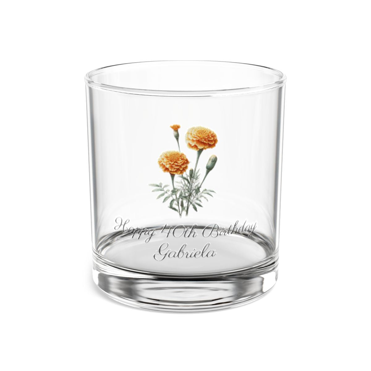 Marigold October Personalised Floral Birthday Month Bouquet Wine Glass, Stemless Wine Glass, Whiskey Glass, Rocks Glass