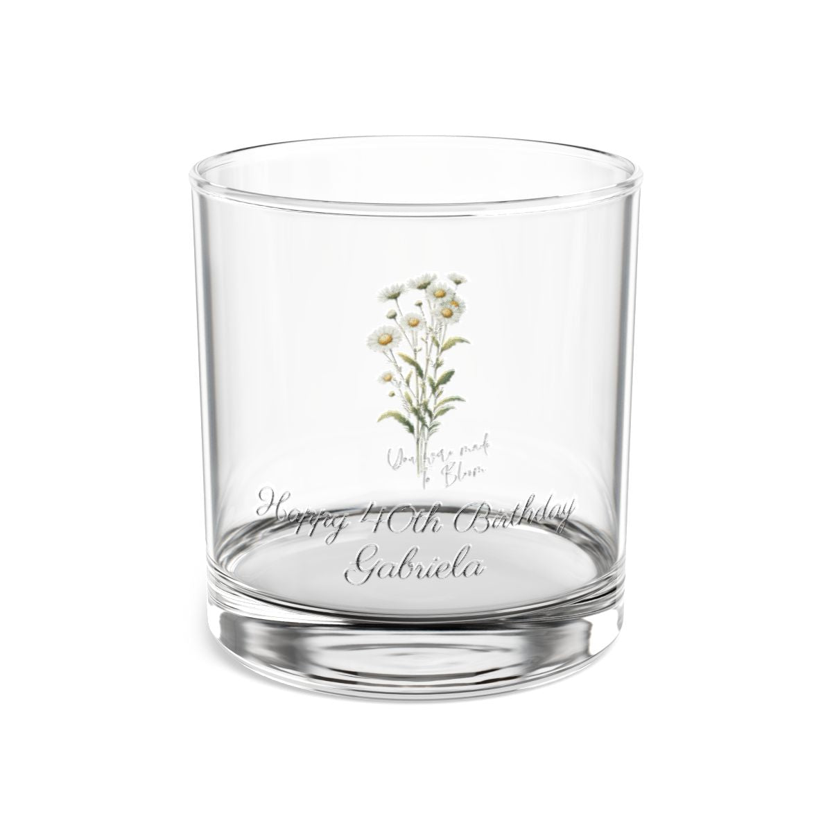 Daisy-April Quote Personalised Floral Birthday Month Bouquet Wine Glass, Stemless Wine Glass, Whiskey Glass, Rocks Glass