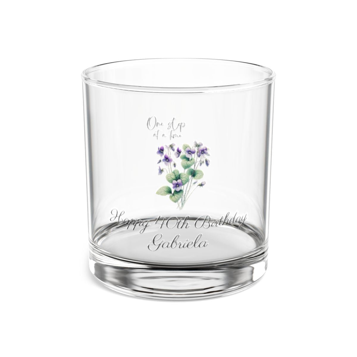 Violet-February Quote Personalised Floral Birthday Month Bouquet Wine Glass, Stemless Wine Glass, Whiskey Glass, Rocks Glass