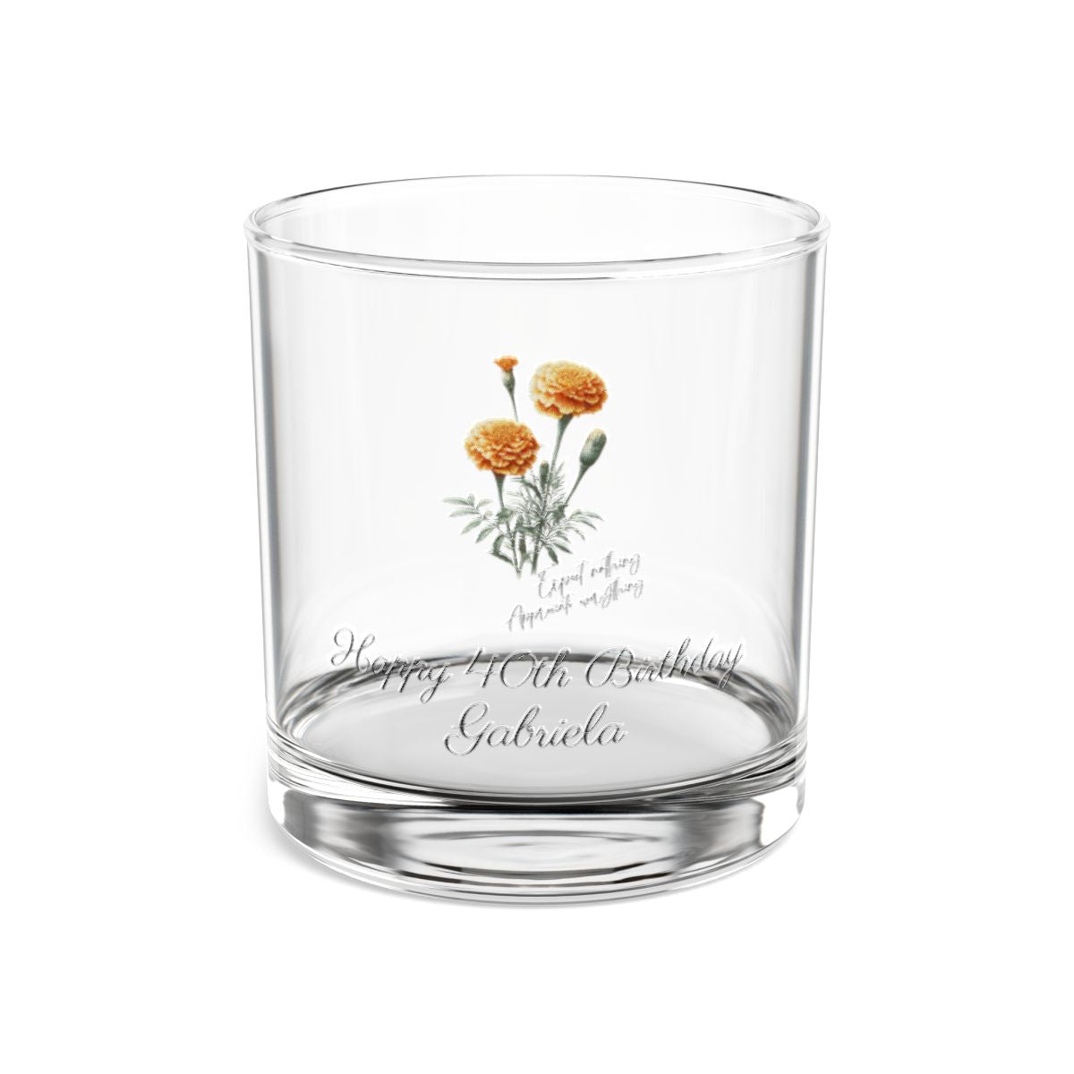 Marigold-October Quote Personalised Floral Birthday Month Bouquet Wine Glass, Stemless Wine Glass, Whiskey Glass, Rocks Glass