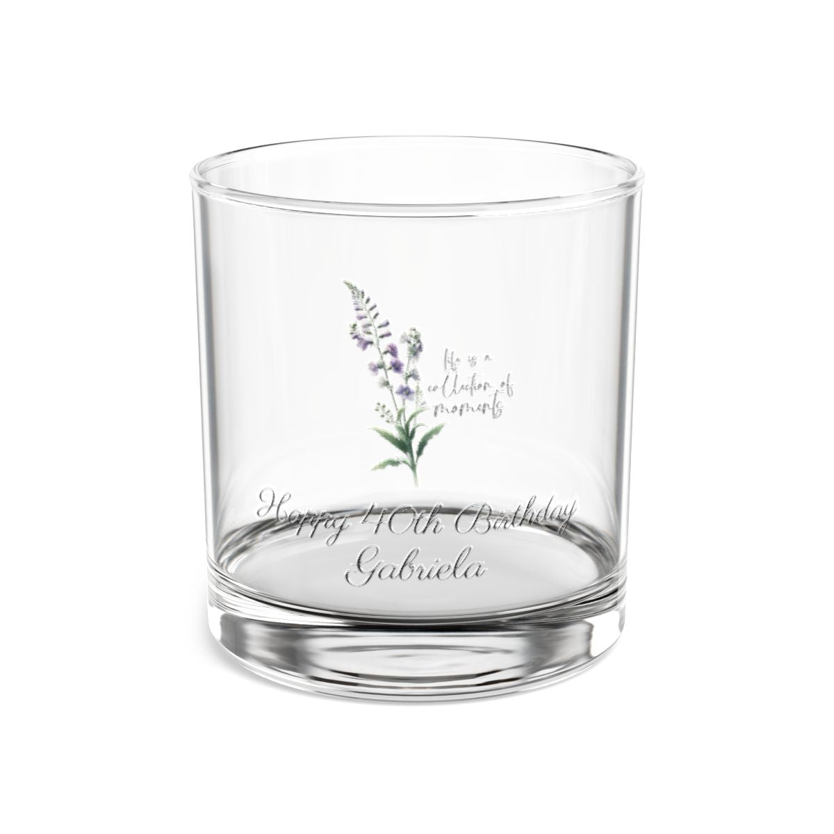 Larkspur-July Quote Personalised Floral Birthday Month Bouquet Wine Glass, Stemless Wine Glass, Whiskey Glass, Rocks Glass