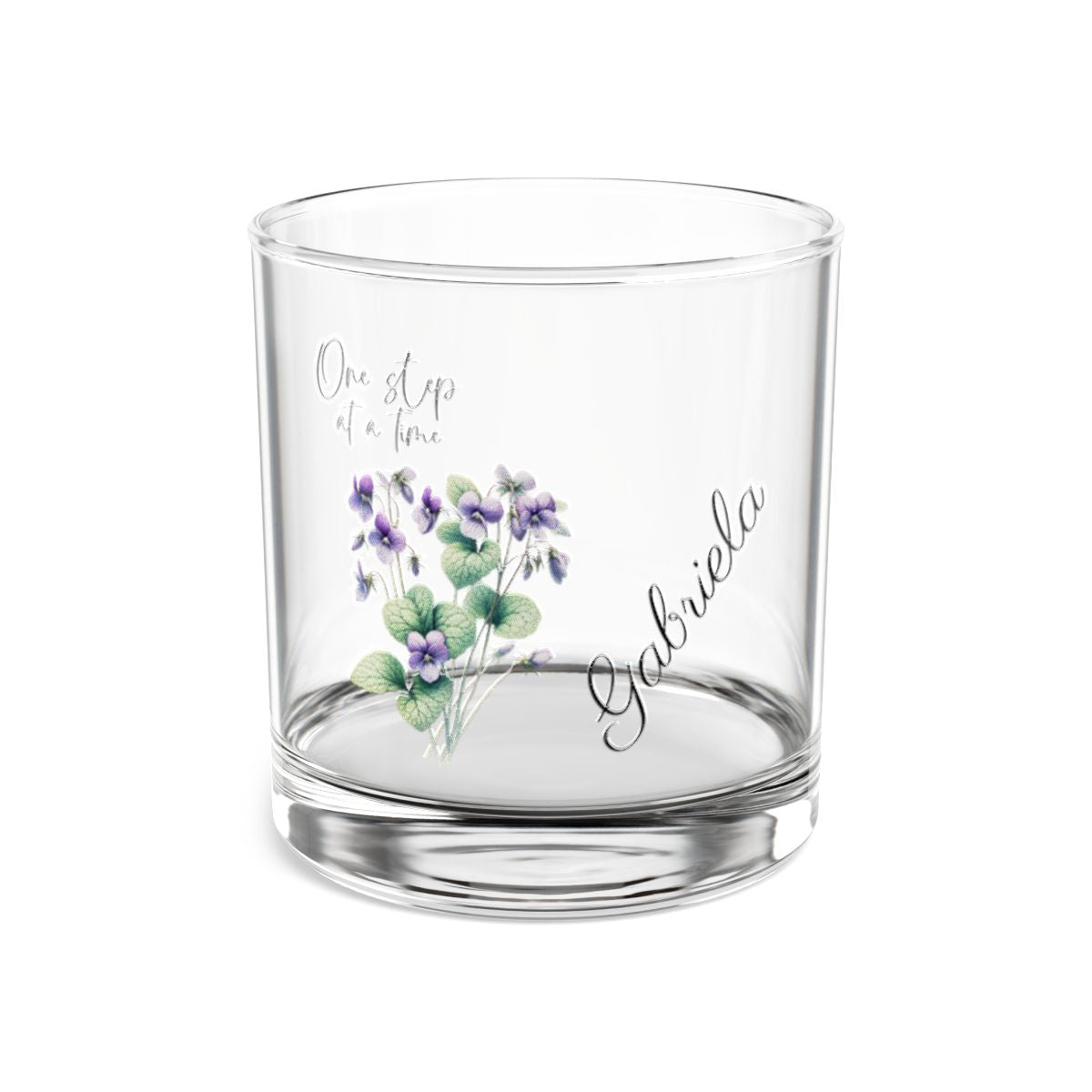 Violet-February Quote Personalised Floral Birthday Month Bouquet Wine Glass, Stemless Wine Glass, Whiskey Glass, Rocks Glass