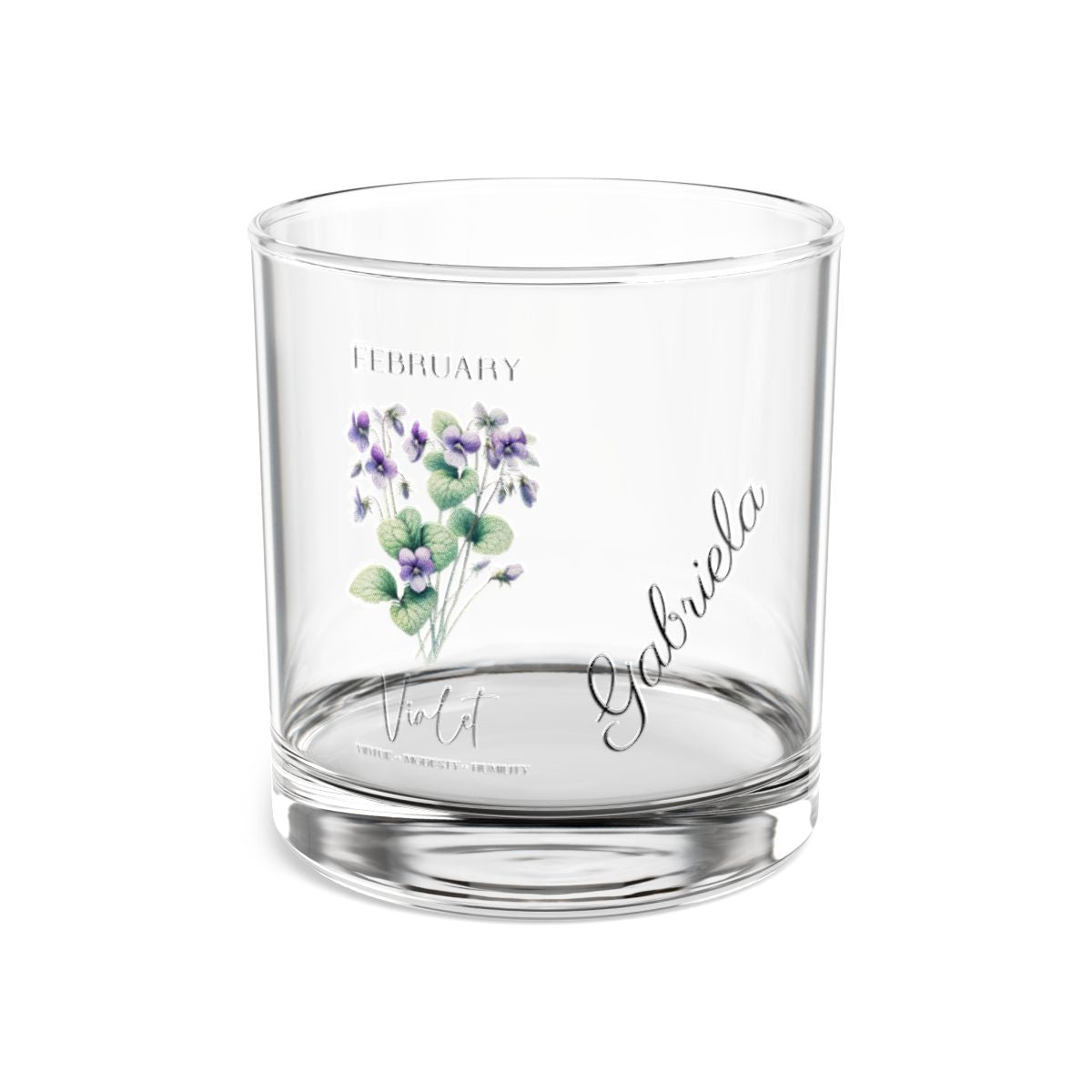 Violet-February Personalised Floral Birthday Month Bouquet Wine Glass, Stemless Wine Glass, Whiskey Glass, Rocks Glass