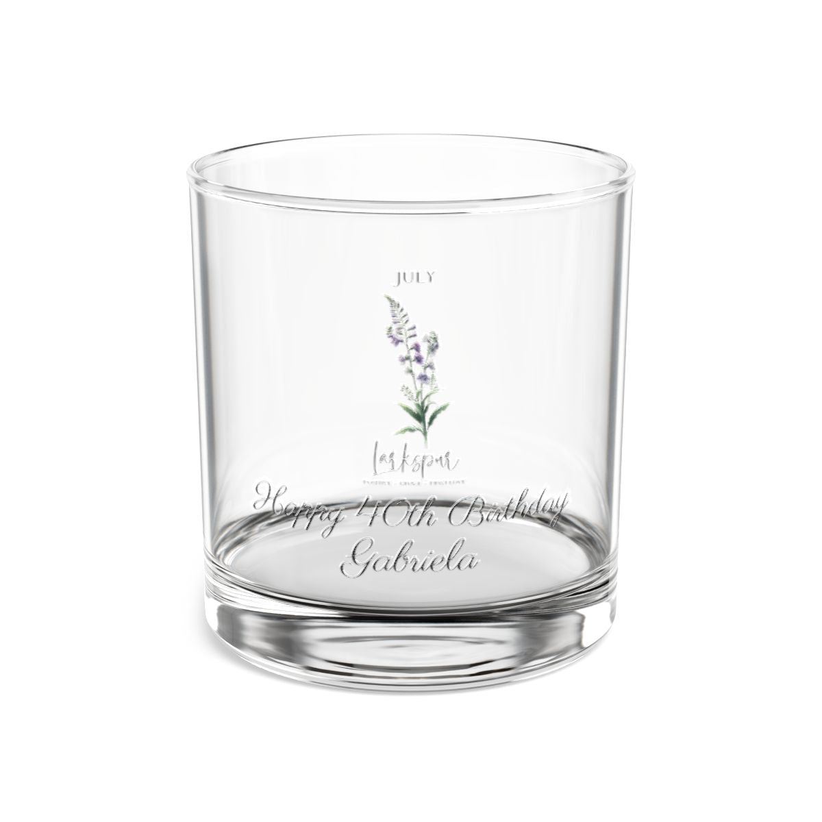 Larkspur-July Personalised Floral Birthday Month Bouquet Wine Glass, Stemless Wine Glass, Whiskey Glass, Rocks Glass
