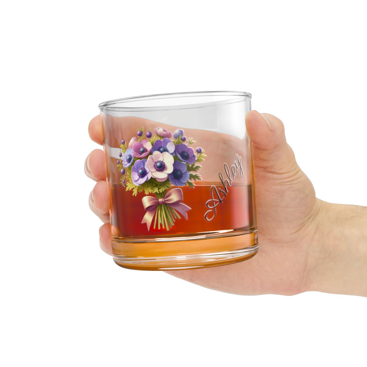 Personalised Floral Bouquet Wine Glass, Stemless Wine Glass, Whiskey Glass, Rocks Glass