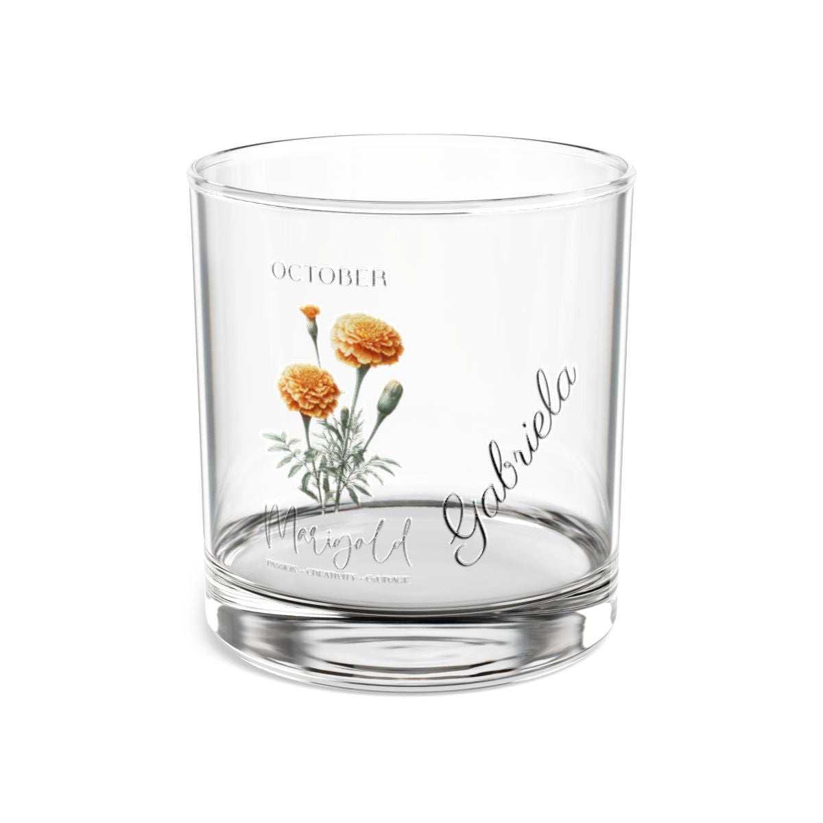 Marigold-October Personalised Floral Birthday Month Bouquet Wine Glass, Stemless Wine Glass, Whiskey Glass, Rocks Glass