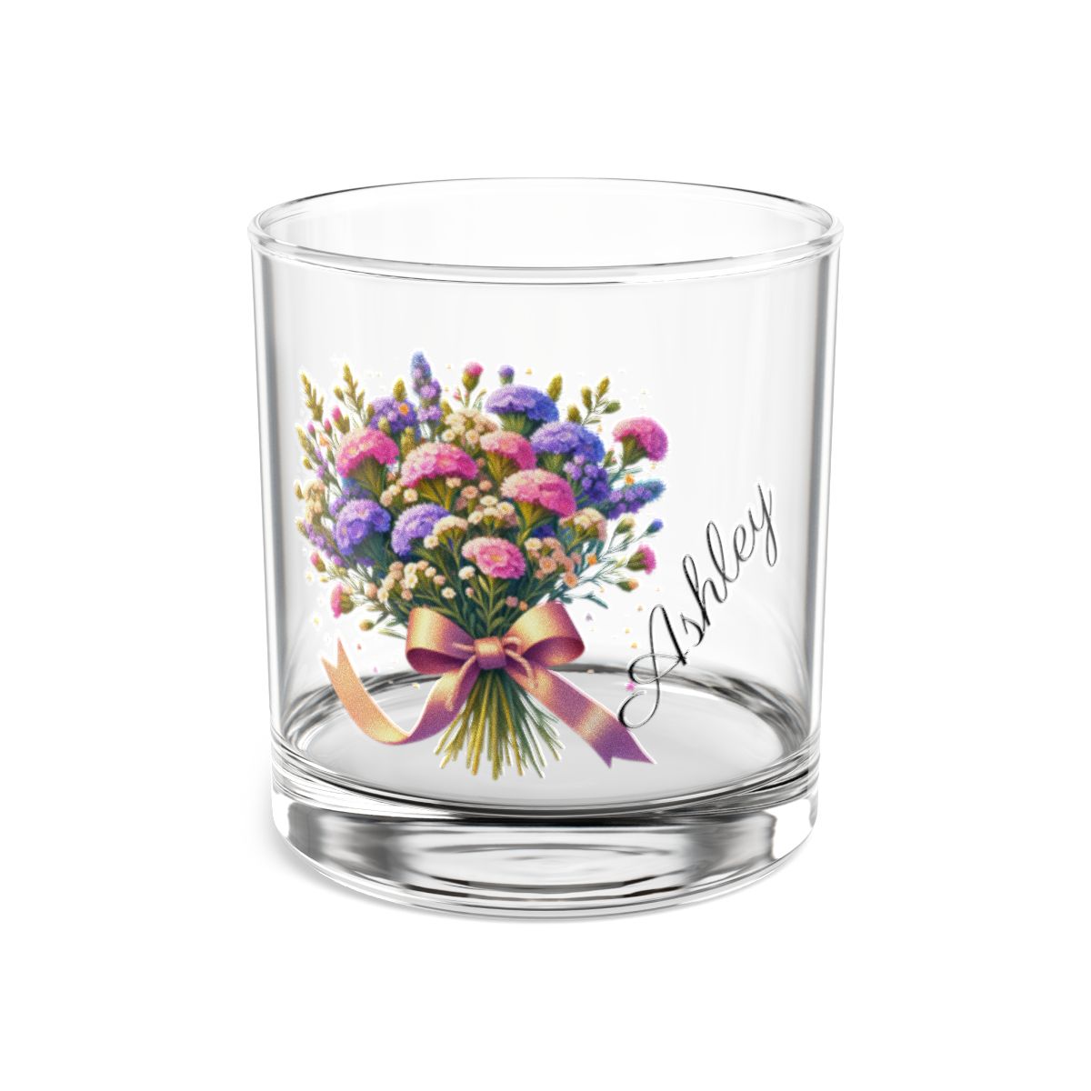 Personalised Floral Bouquet Wine Glass, Stemless Wine Glass, Whiskey Glass, Rocks Glass