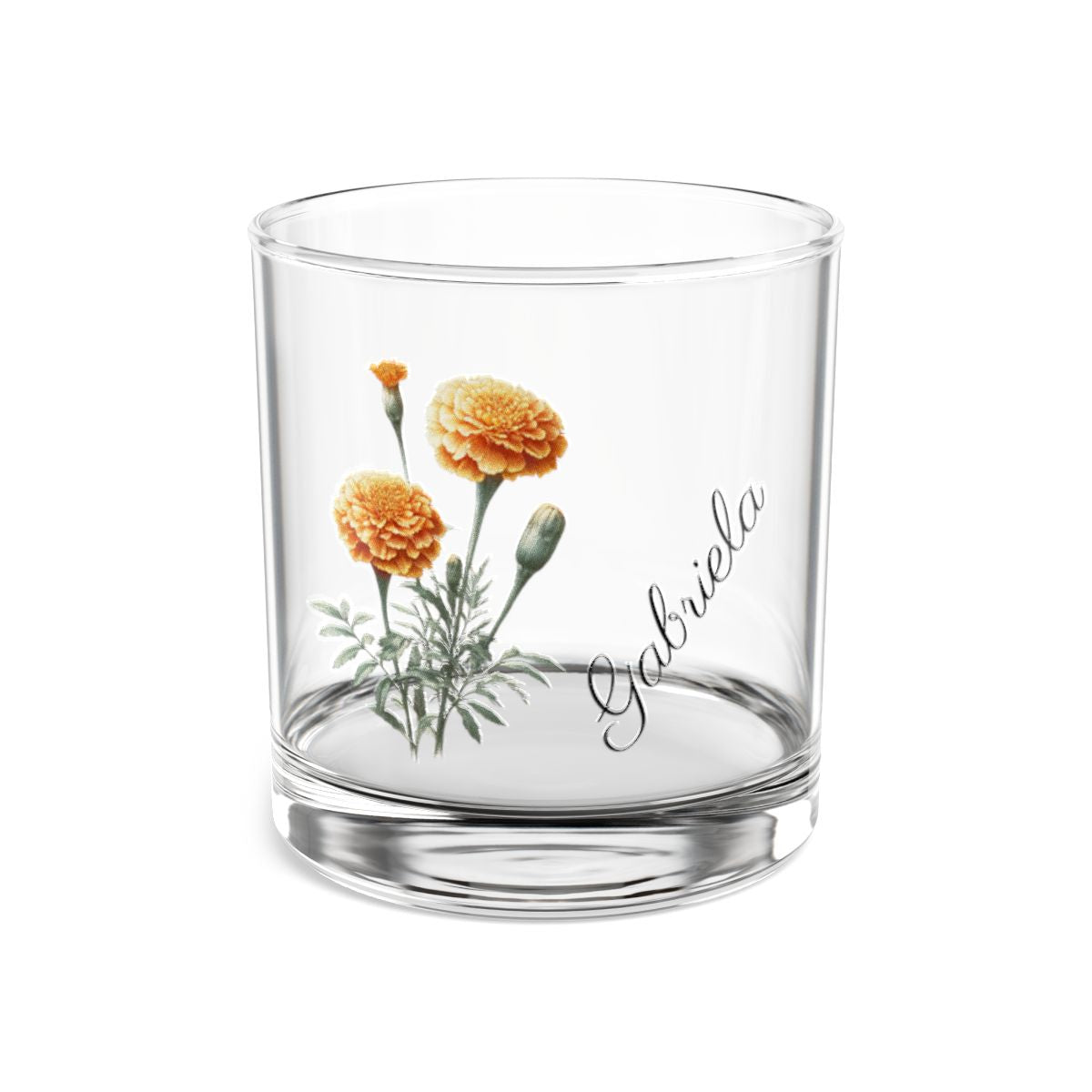 Marigold October Personalised Floral Birthday Month Bouquet Wine Glass, Stemless Wine Glass, Whiskey Glass, Rocks Glass