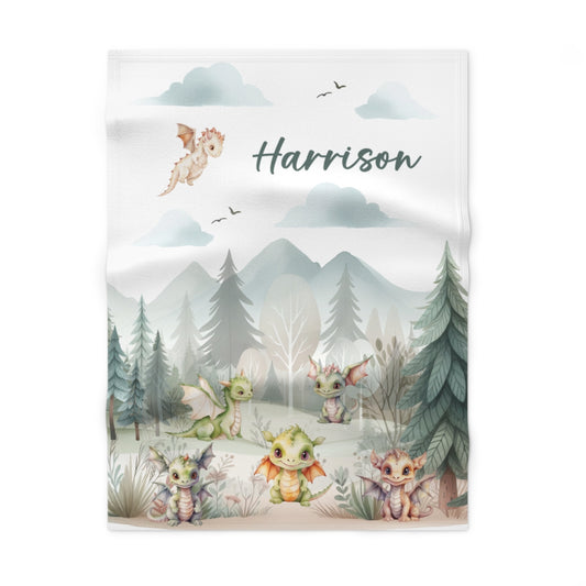 Dragons in Forest Personalised Baby Swaddle Blanket or Soft Fleece Baby Blanket