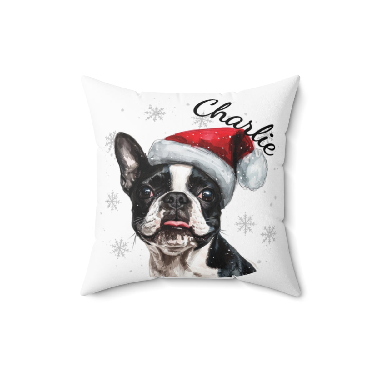 Christmas dog Cushions_Boston-Terrier-1 Personalised Dog Christmas Spun Polyester Square Throw Cushion with Insert