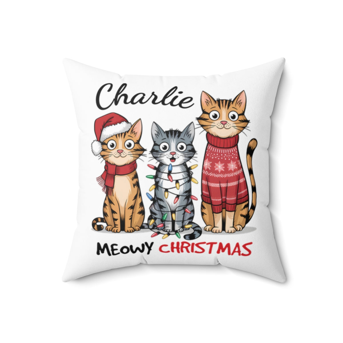 Christmas Cat Cushion Meowy Christmas Personalised Christmas Spun Polyester Square Throw Cushion