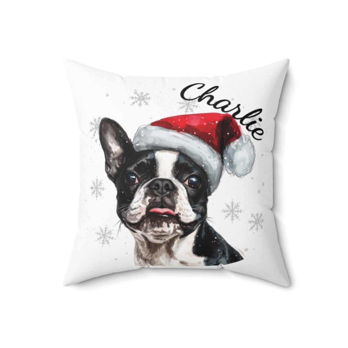 Christmas dog Cushions_Boston-Terrier-1 Personalised Dog Christmas Spun Polyester Square Throw Cushion with Insert