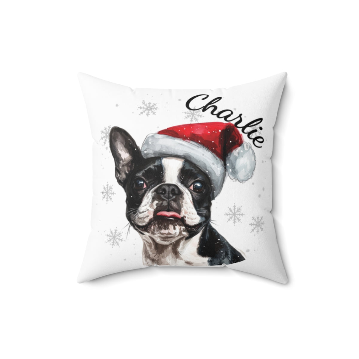Christmas dog Cushions_Boston-Terrier-1 Personalised Dog Christmas Spun Polyester Square Throw Cushion with Insert