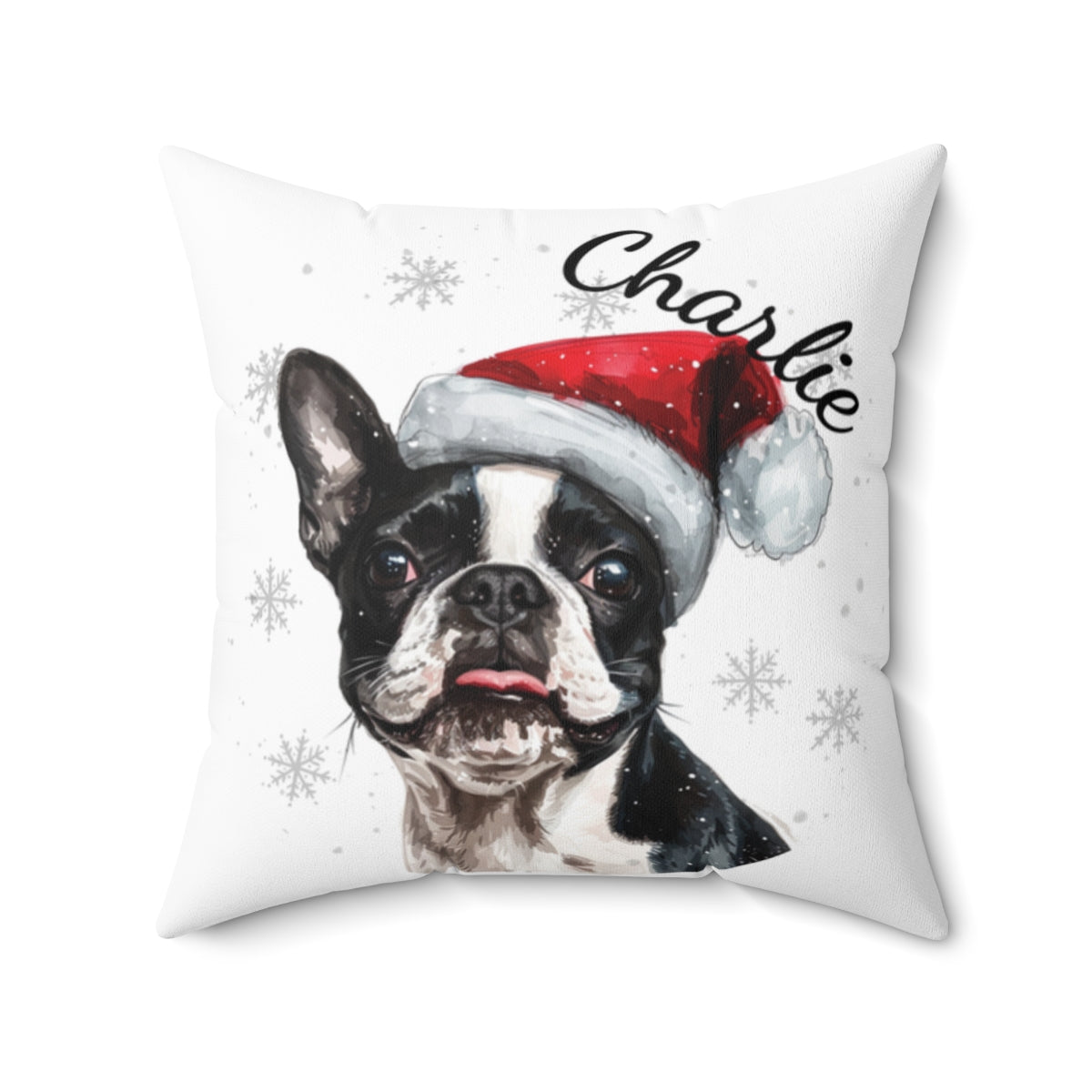 Christmas dog Cushions_Boston-Terrier-1 Personalised Dog Christmas Spun Polyester Square Throw Cushion with Insert