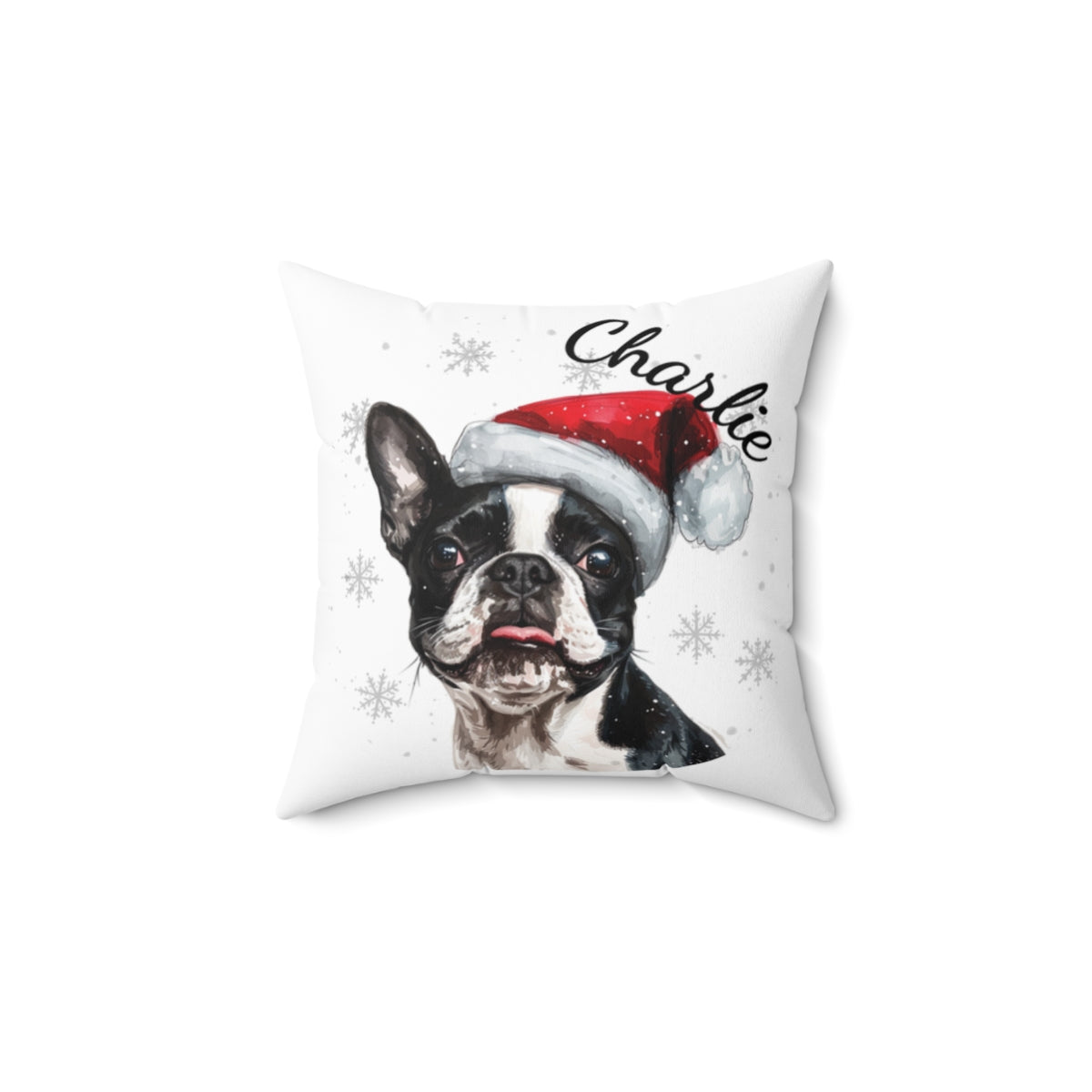 Christmas dog Cushions_Boston-Terrier-1 Personalised Dog Christmas Spun Polyester Square Throw Cushion with Insert