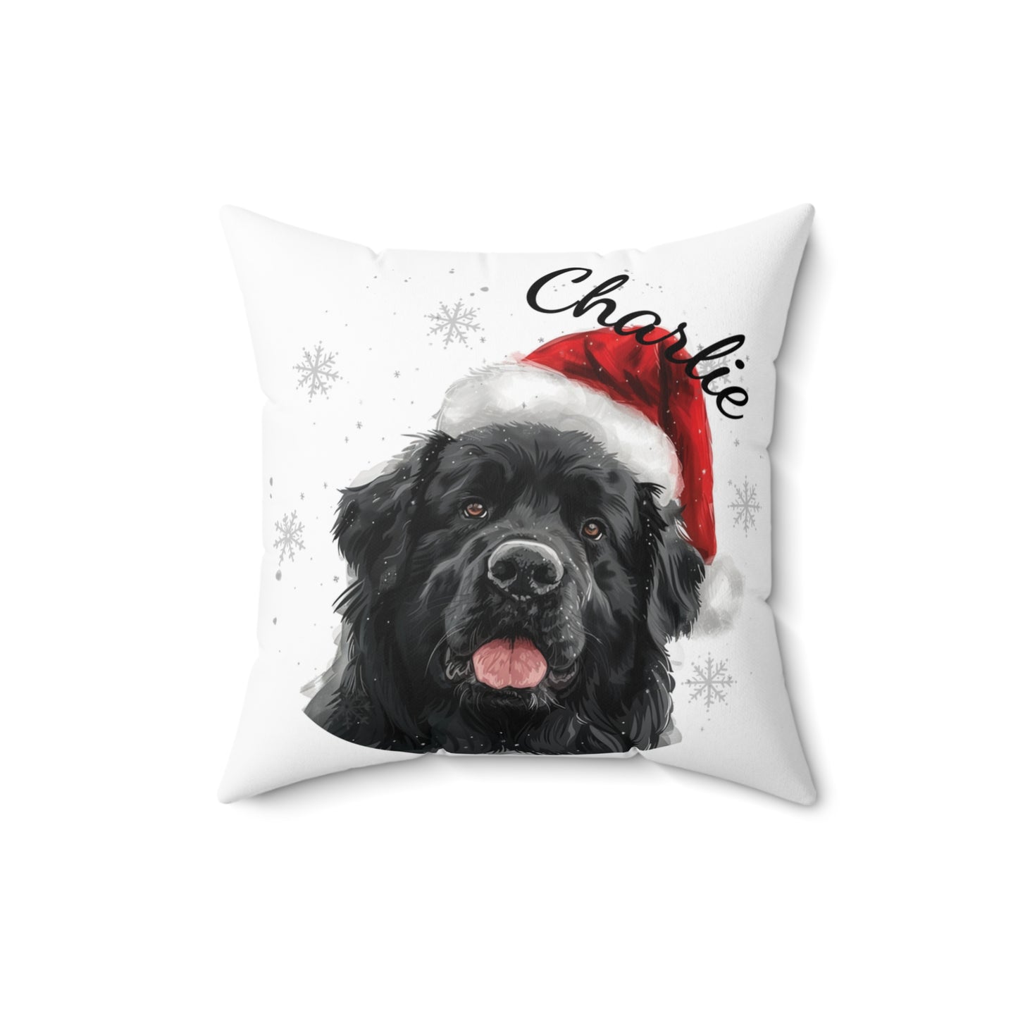 Newfoundland Dog Pillow, Personalized Christmas Pet Cushion, Gift for Dog Lovers, Santa Hat Dog Decor, Custom Name Pillow, Holiday Pet Gift