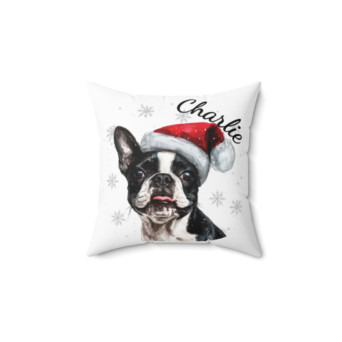 Christmas dog Cushions_Boston-Terrier-1 Personalised Dog Christmas Spun Polyester Square Throw Cushion with Insert