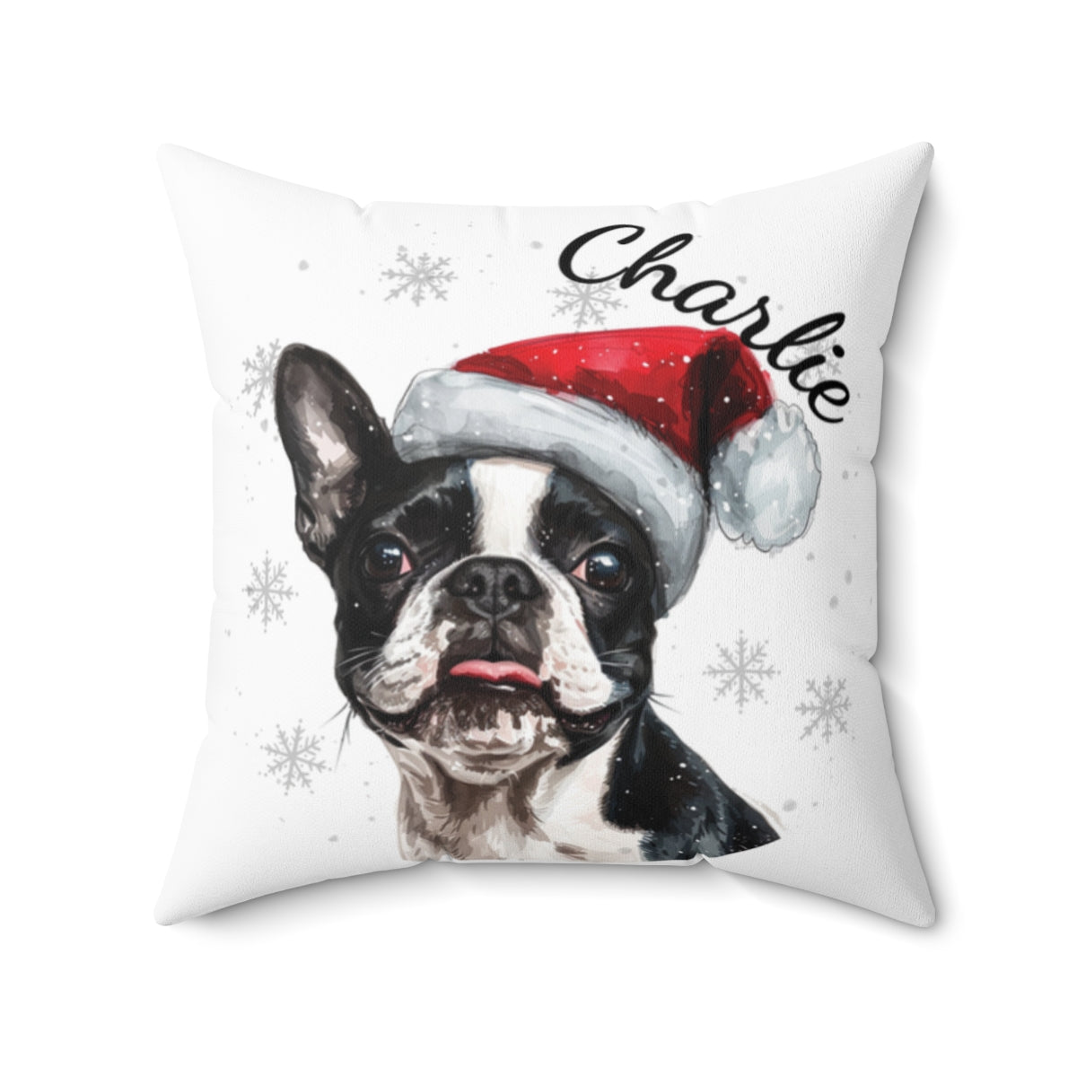 Christmas dog Cushions_Boston-Terrier-1 Personalised Dog Christmas Spun Polyester Square Throw Cushion with Insert
