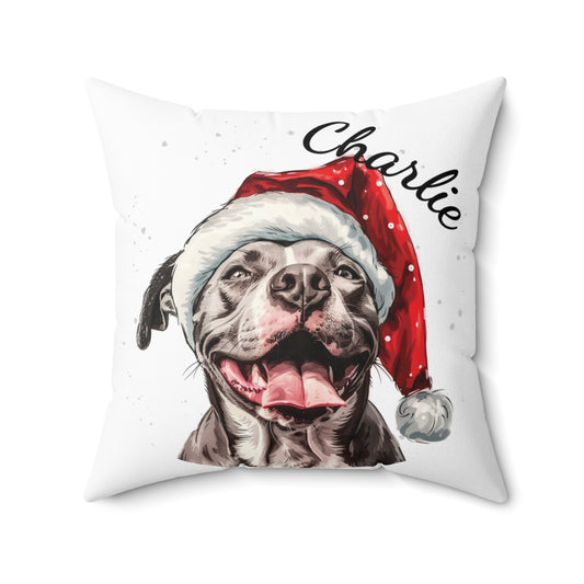 Personalized Dog Christmas Pillow, Santa Hat Pitbull Cushion, Custom Pet Gift, Holiday Decor, Spun Polyester Throw, Cute Christmas Gifts