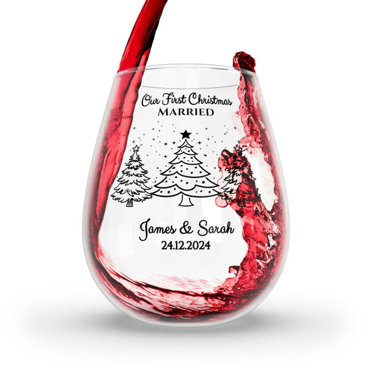 Personalised Our First Christmas Wine Glass, 12oz, Whiskey Glass 6oz, Stemless Wine Glass 11.75oz, Rock Glass 10oz