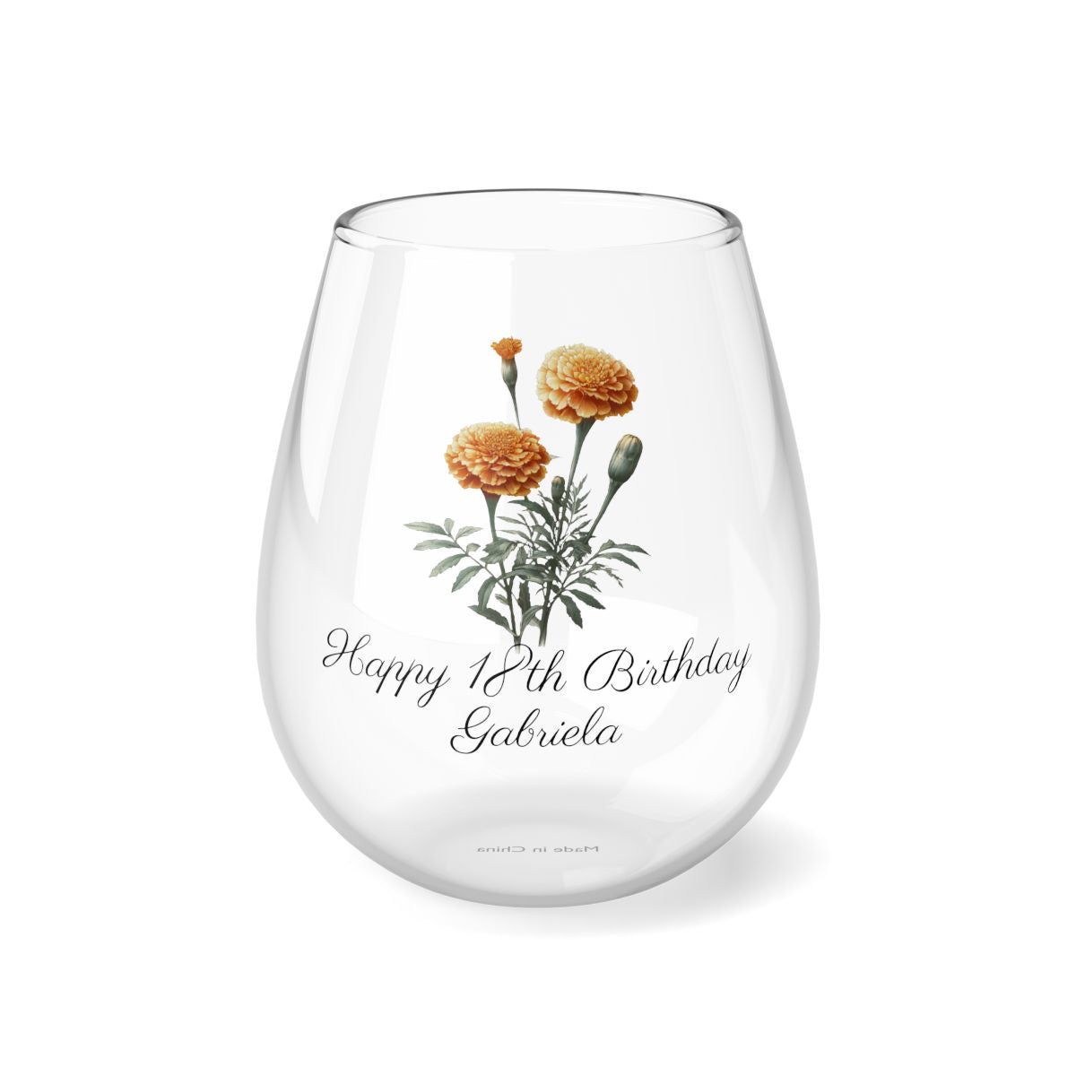 Marigold October Personalised Floral Birthday Month Bouquet Wine Glass, Stemless Wine Glass, Whiskey Glass, Rocks Glass