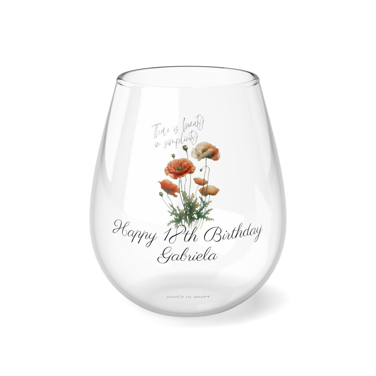 Poppy-August Quote Personalised Floral Birthday Month Bouquet Wine Glass, Stemless Wine Glass, Whiskey Glass, Rocks Glass