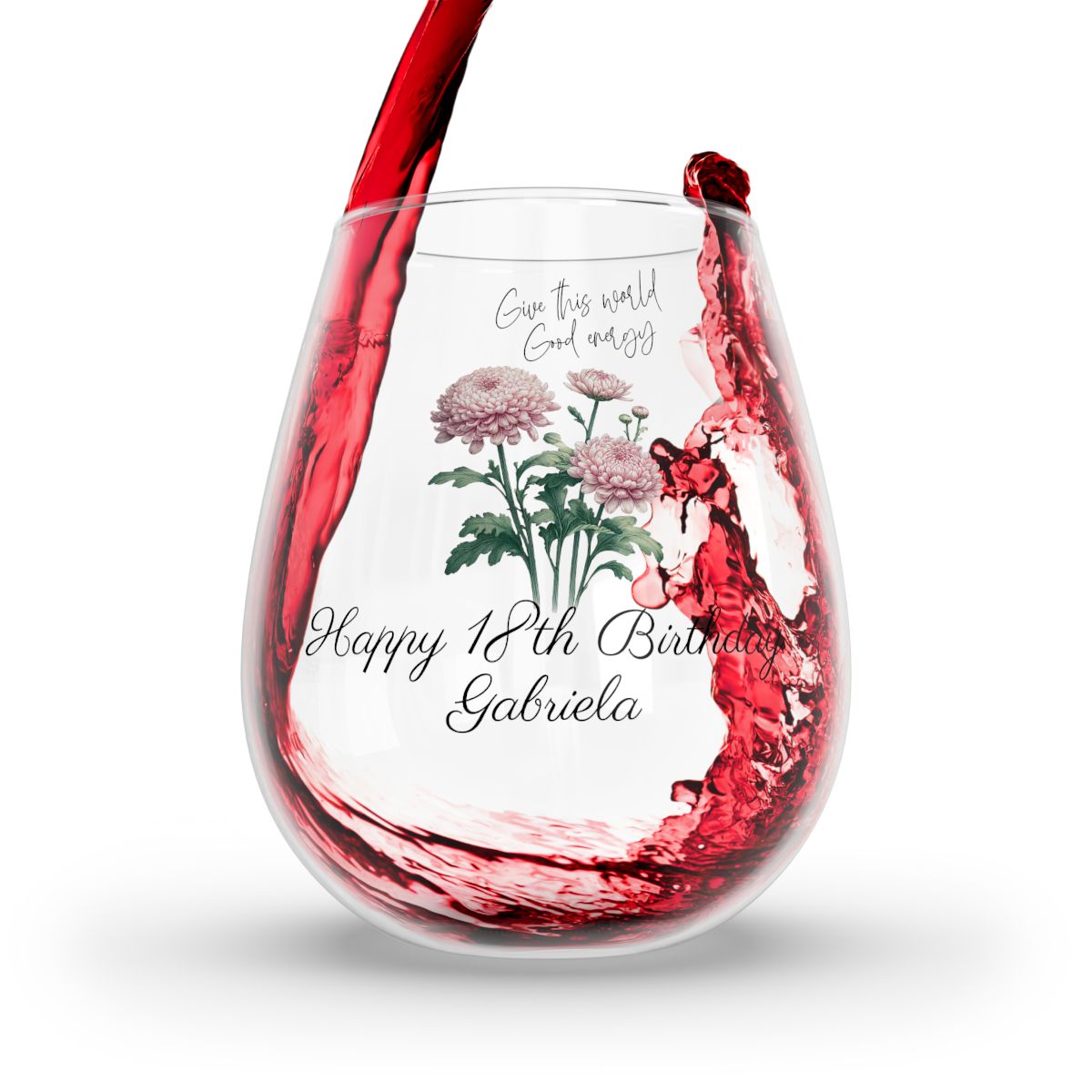 Chrysanthemum-November Quote Personalised Floral Birthday Month Bouquet Wine Glass, Stemless Wine Glass, Whiskey Glass, Rocks Glass