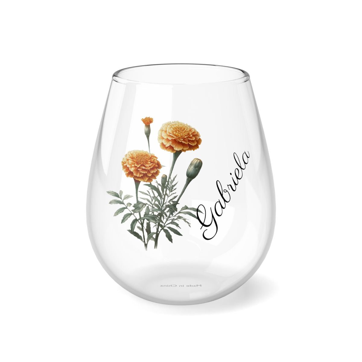 Marigold October Personalised Floral Birthday Month Bouquet Wine Glass, Stemless Wine Glass, Whiskey Glass, Rocks Glass