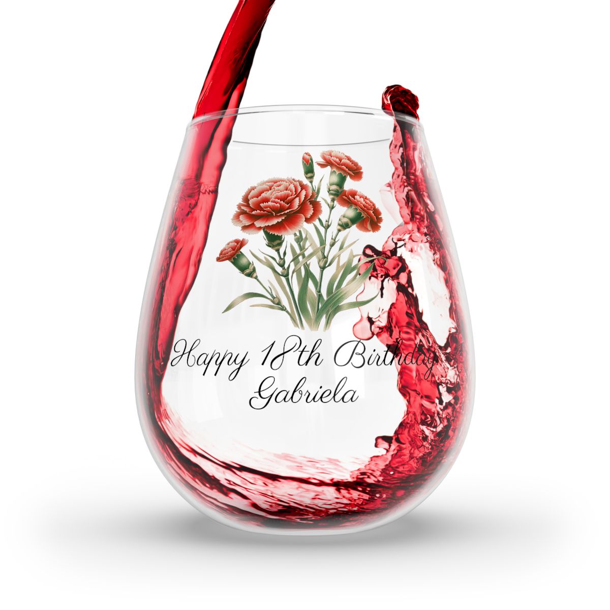 Carnation-January Personalised Floral Birthday Month Bouquet Wine Glass, Stemless Wine Glass, Whiskey Glass, Rocks Glass