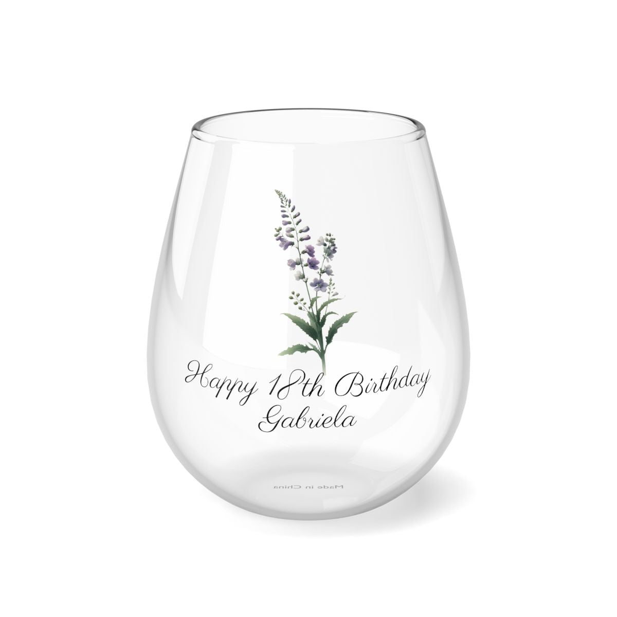 Larkspur July Personalised Floral Birthday Month Bouquet Wine Glass, Stemless Wine Glass, Whiskey Glass, Rocks Glass